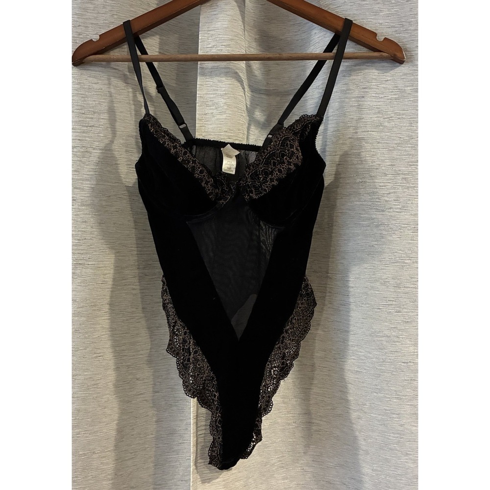 VTG 1998 Rare Y2K Victoria's Secret Black Velvet Teddy Lingerie Bodysuit 36B